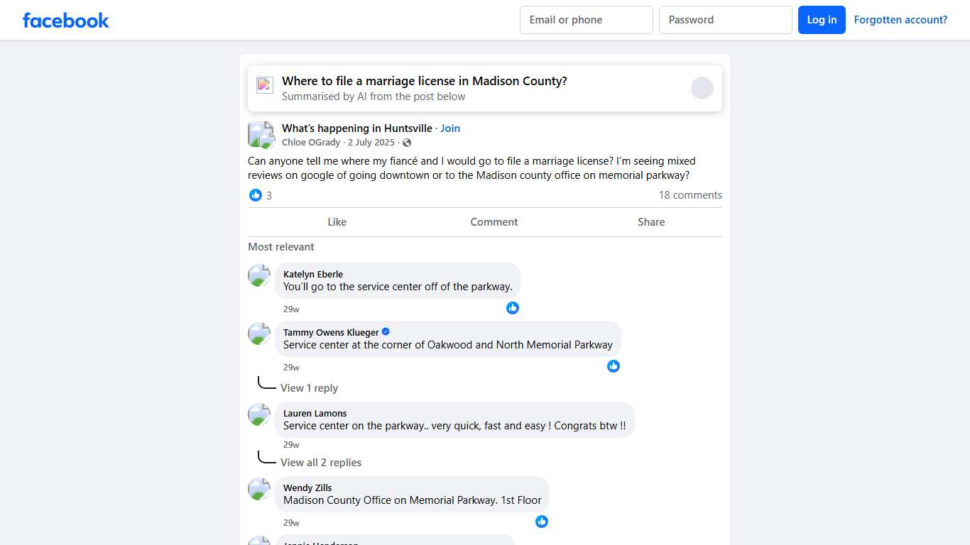 What’s happening in Huntsville Can anyone tell me where my fiancé and I would go to file a marriage license Facebook